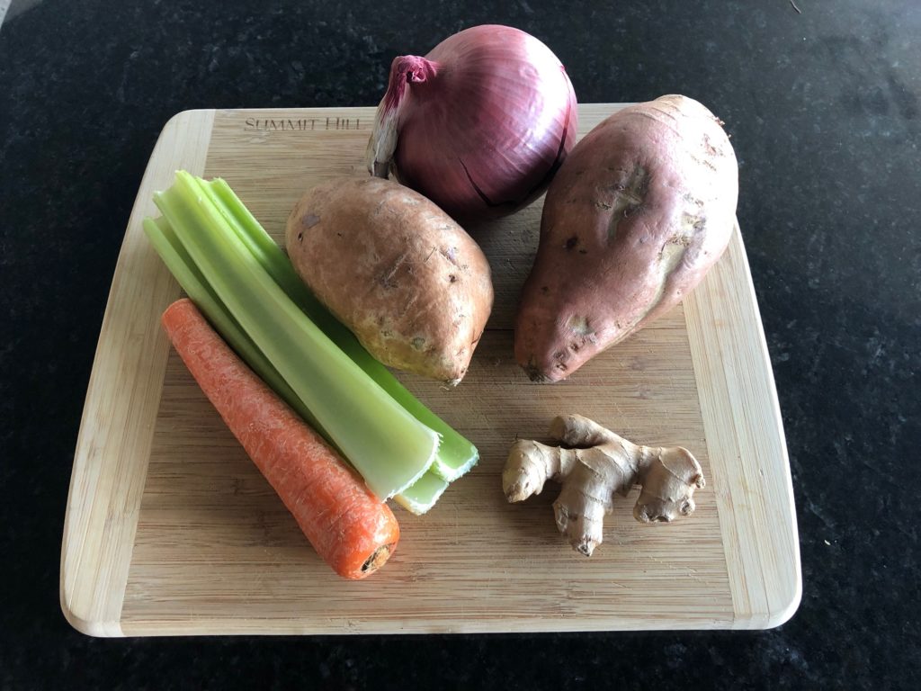 Ingredients for sweet potato, ginger, coconut soup